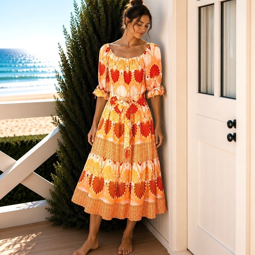 Anthropologie Fig & Flower Large Midi Dress Boho Chic Coastal Party Cottagecore